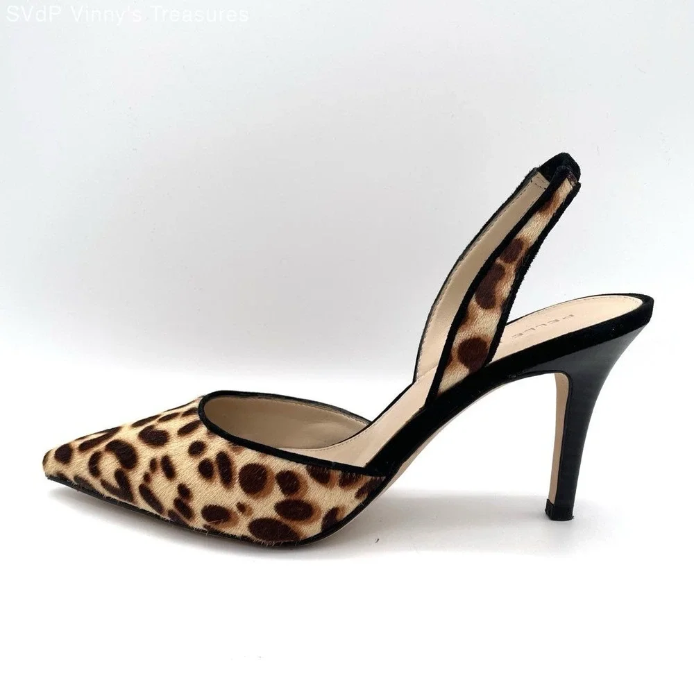 Pelle Moda Leopard Calf Hair Slingback Pumps Women's 8M Pointed Stiletto Heels